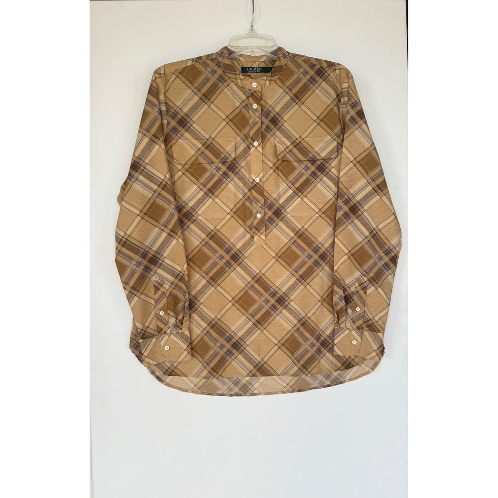 Lauren‎ Ralph Lauren Long Sleeve Herringbone Tunic Top L Tan Classic Old Money